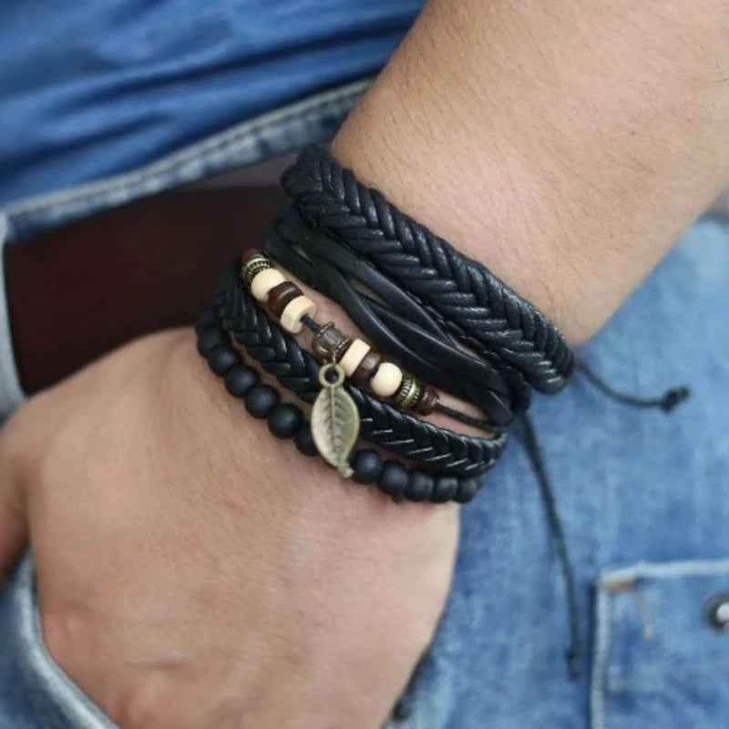 Leather & Rope Harmony: Unisex 4-Piece Bracelet Set (10 Designs)