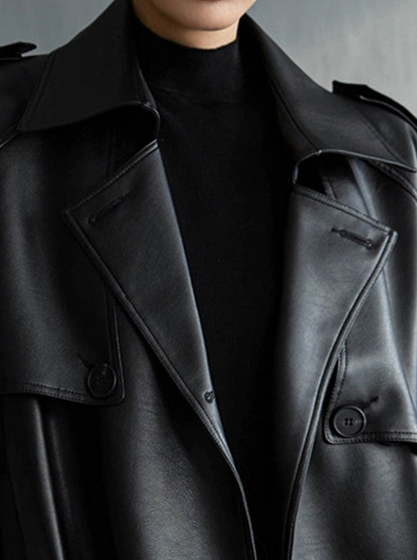 Commanding Presence: A Longline Faux Leather Trench Coat For Women