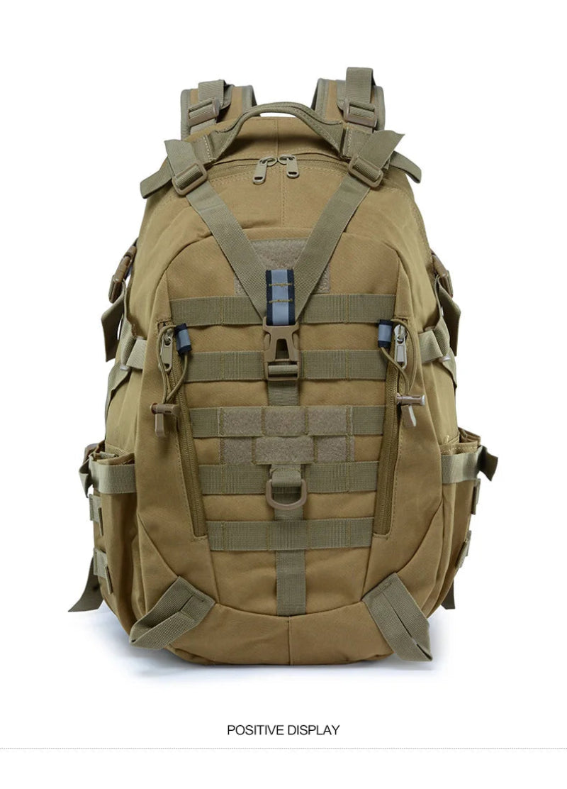 Tan tactical backpack on a white background