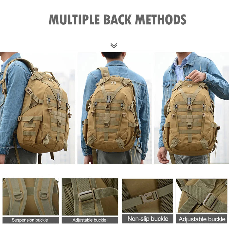 Camouflage backpack shown from multiple angles with text on usage methods.