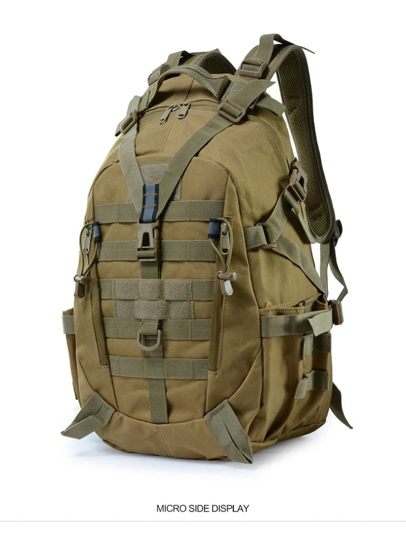 Tan tactical backpack with multiple straps and compartments on a white background