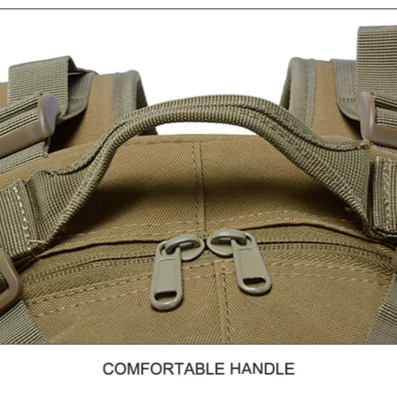 Close-up of a tan tactical backpack with a comfortable handle and zippers.