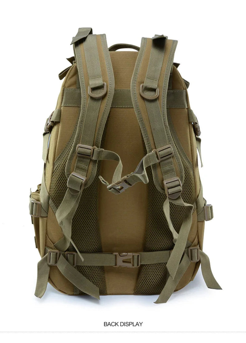 Brown tactical backpack with multiple straps on a white background