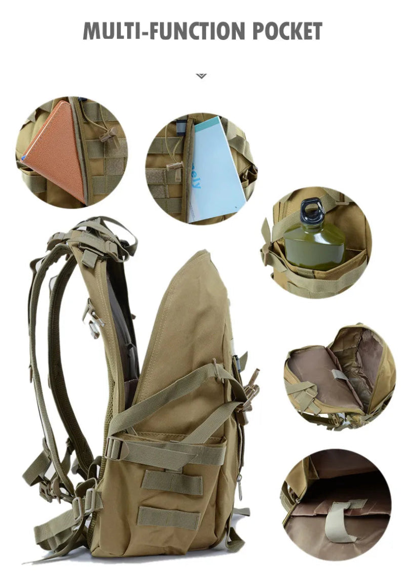 Multifunctional backpack with various attachment options on a white background