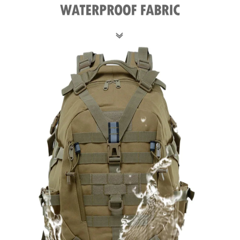 Tactical backpack with waterproof fabric feature on a white background