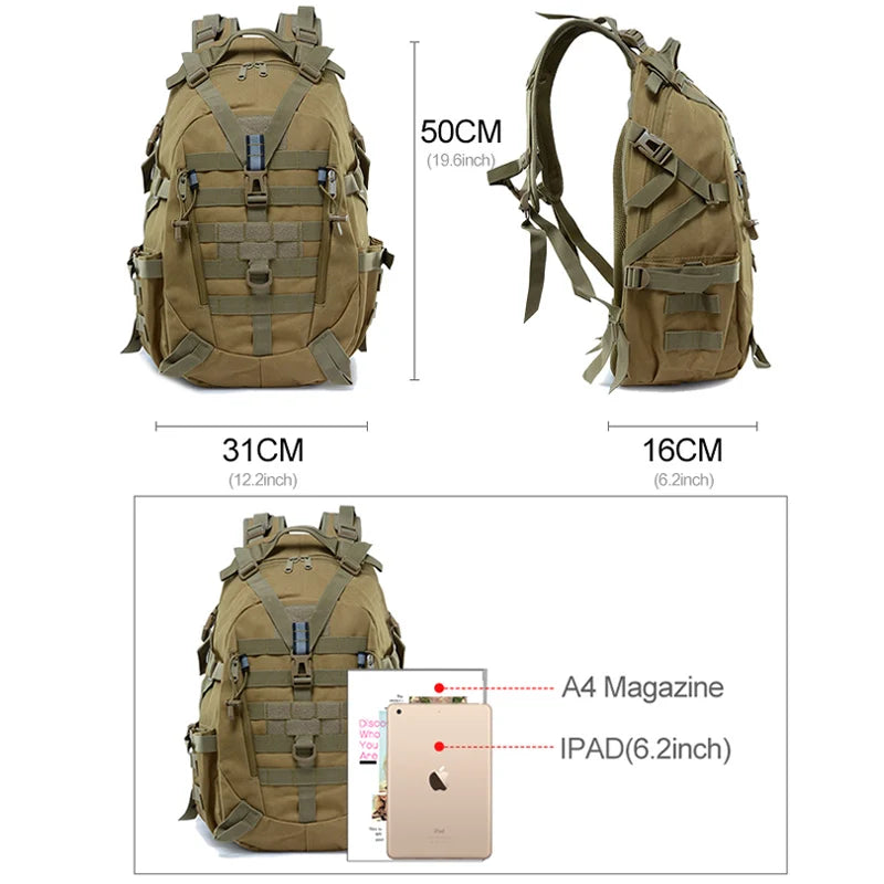 Tactical backpack with dimensions and item size comparison on a white background