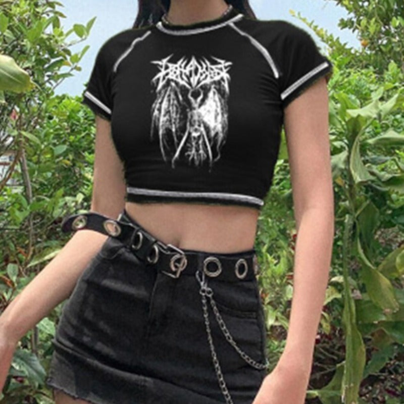 Black Crop Top With Gothic Anime Print