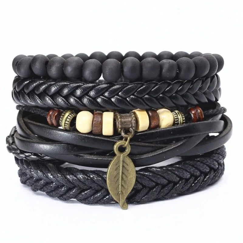 Leather & Rope Harmony: Unisex 4-Piece Bracelet Set (10 Designs)