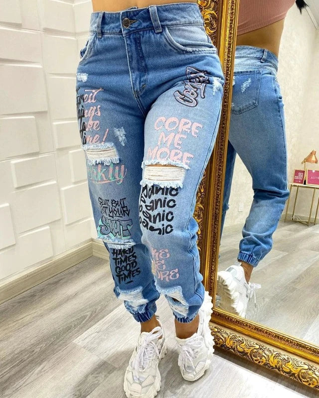 Express Yourself: Statement Letter Print Jeans With Ripped Details