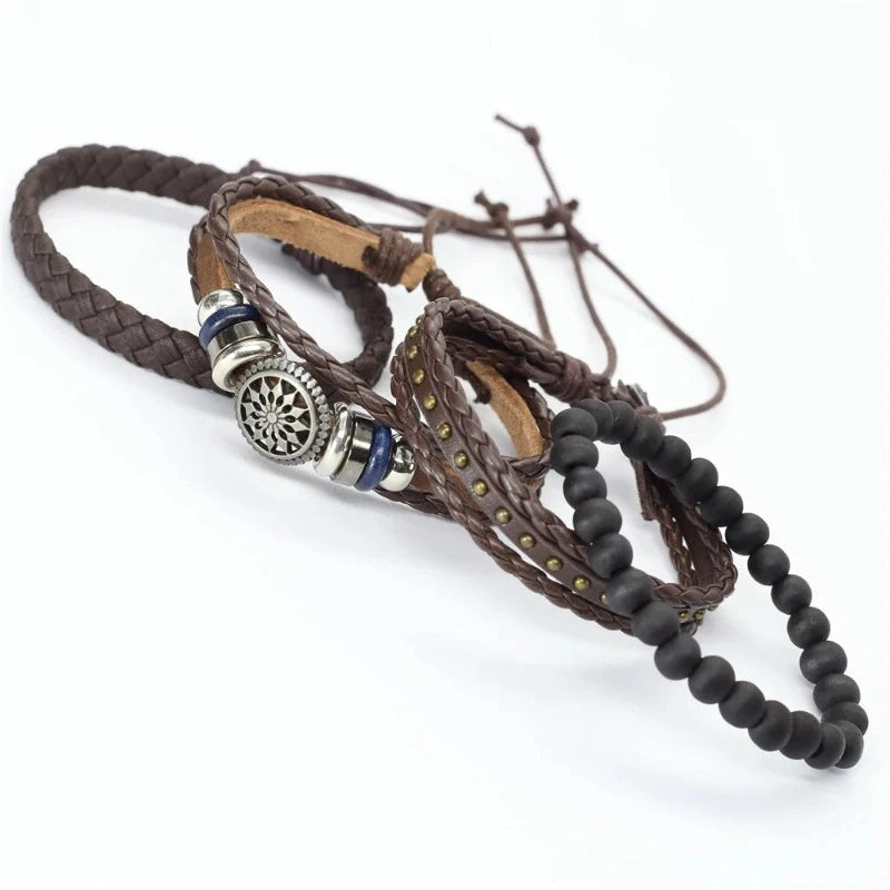 Leather & Rope Harmony: Unisex 4-Piece Bracelet Set (10 Designs)