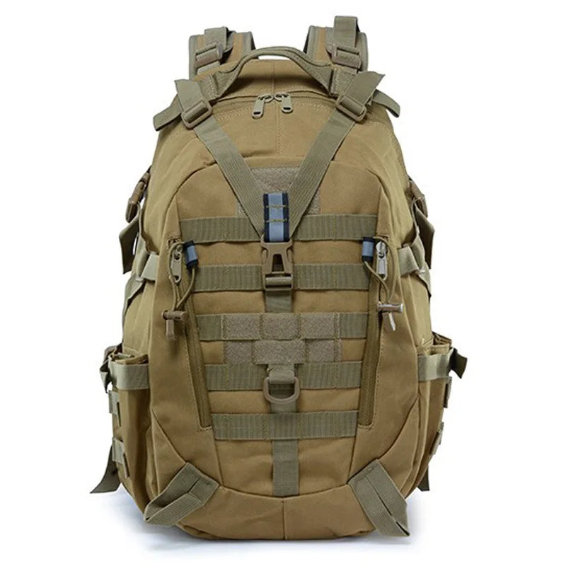 Tan tactical backpack with multiple straps and pockets on a white background
