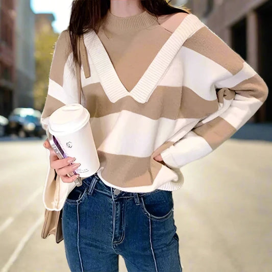 Striped Chic: Women's Off-Shoulder Knit Sweater