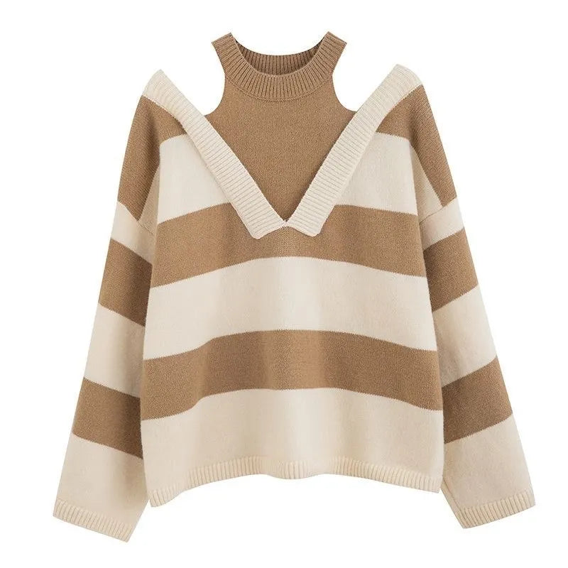 Striped Chic: Women's Off-Shoulder Knit Sweater