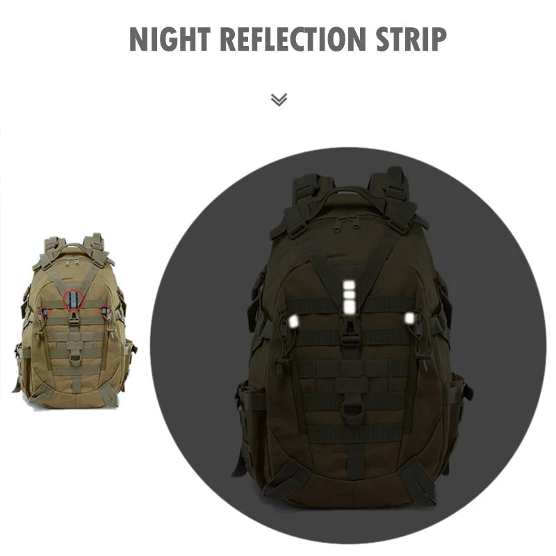 Two backpacks, one beige and one brown, with night reflection strips on a white background.