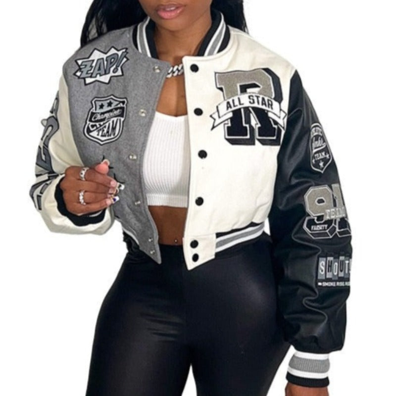 Y2K Baseball Cropped Jacket With Color-Block Splicing