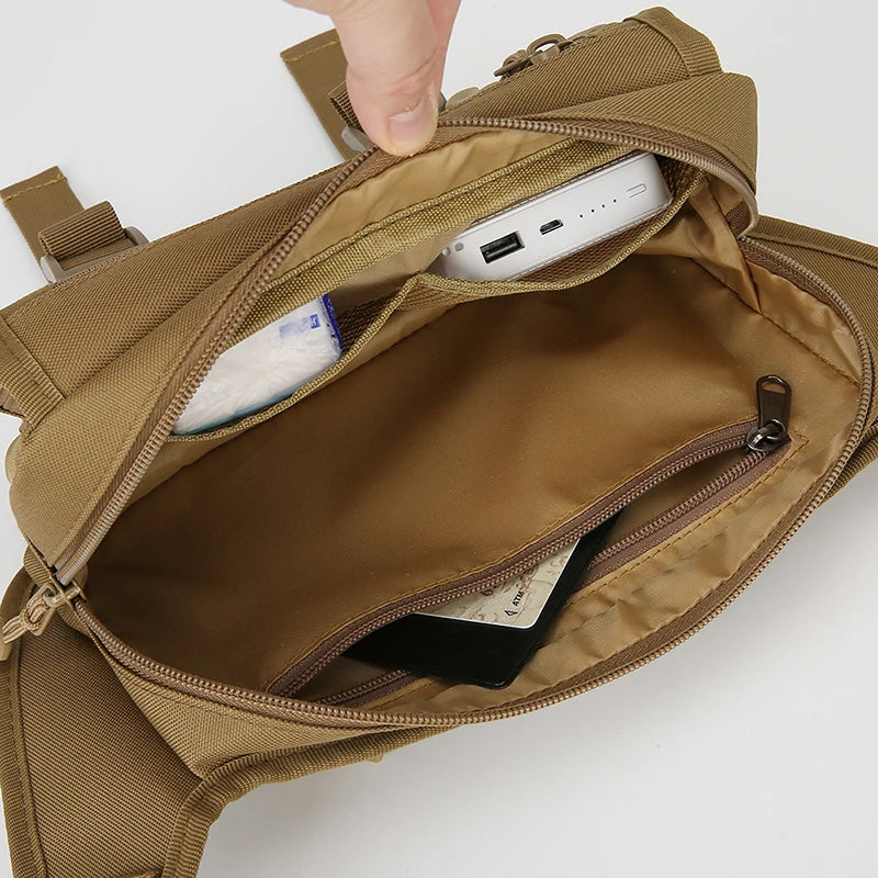 Brown tactical pouch with electronic devices inside on a white background