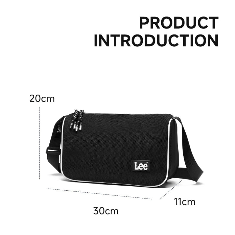 Black bag with Lee branding, shown with measurements and product introduction text.