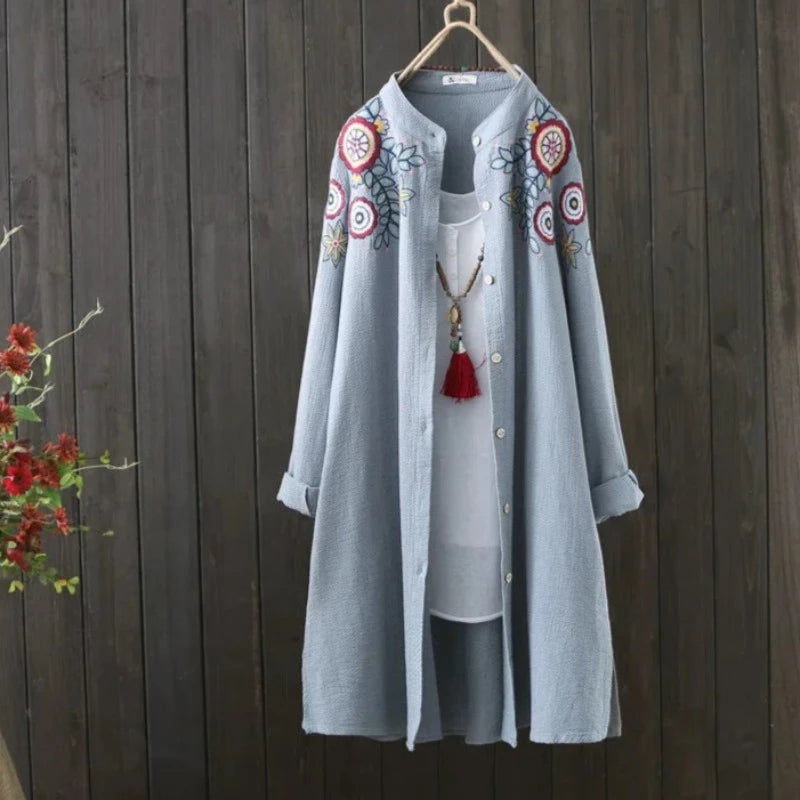 Timeless Style: Woman's Floral Embroidered Long Cotton Shirt