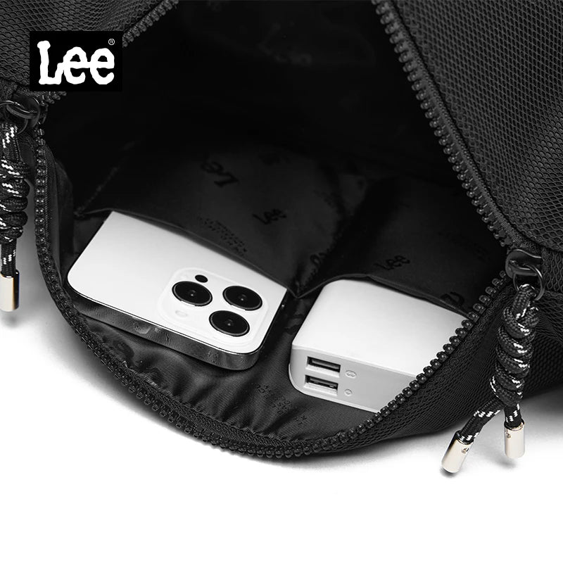 Black backpack with phone and power bank inside, Lee brand visible