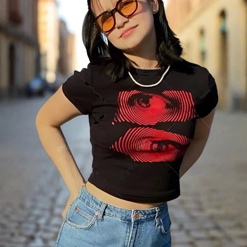 Make A Statement: Bold Red Graphic Pops On Black Crop Top