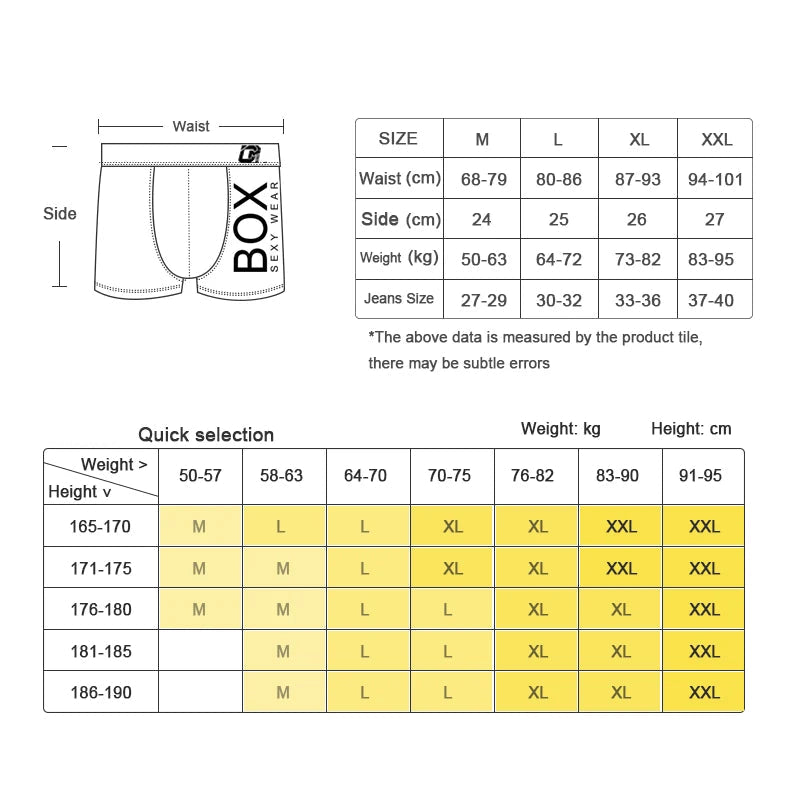 Measurement chart for men's underwear with size guide and weight-height chart.