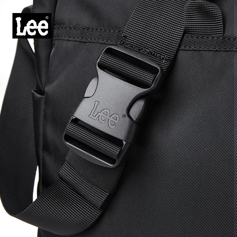 Black bag with a Lee brand buckle on a white background