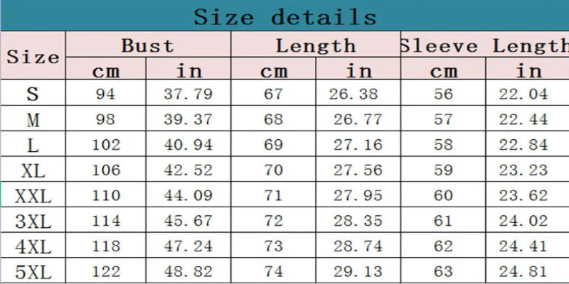 Size chart for clothing with measurements in centimeters and inches.