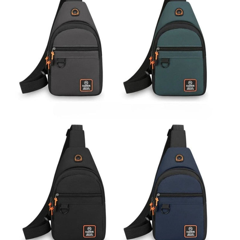 Four different colored sling bags on a white background