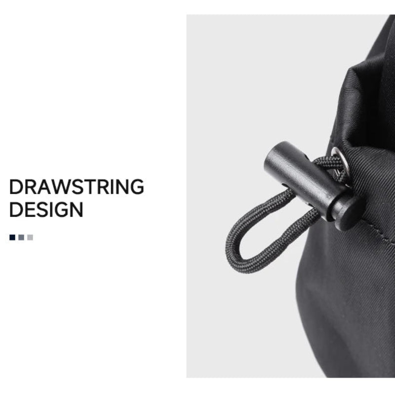Black drawstring on a black bag with text 'Drawstring Design' on a white background