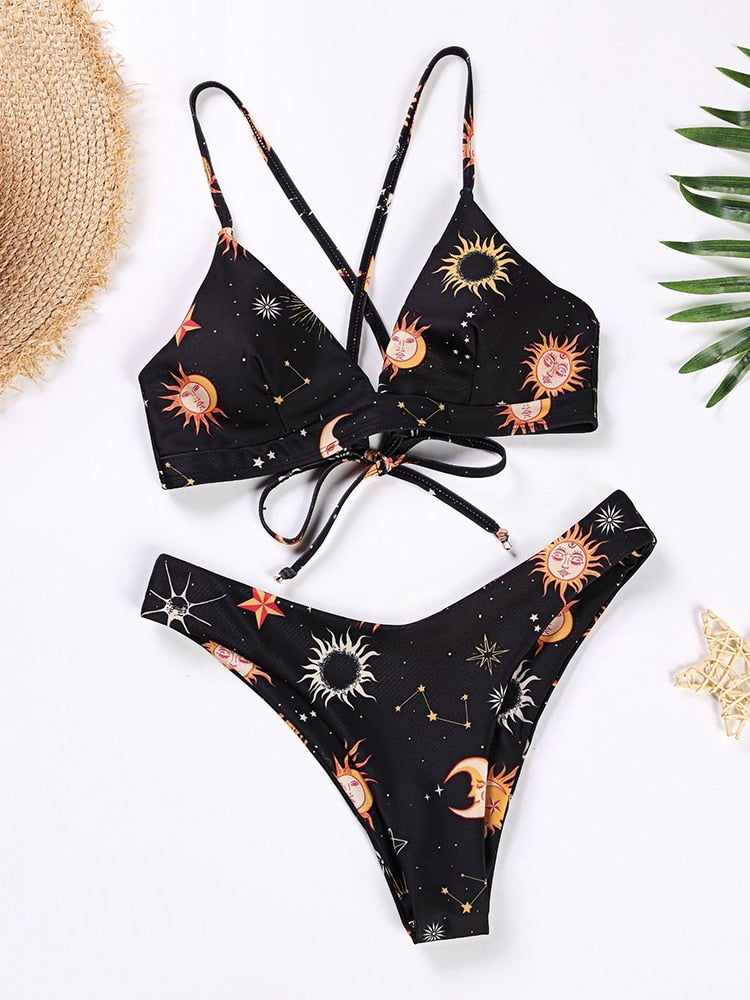 Printed Bikini Set: Push-Up Cups & Bandage Bottoms