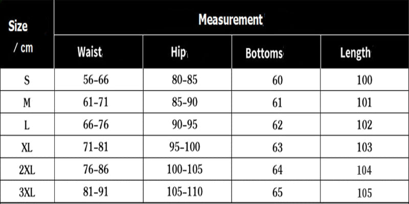 Measurement chart for clothing sizes with waist, hip, and bottom measurements.
