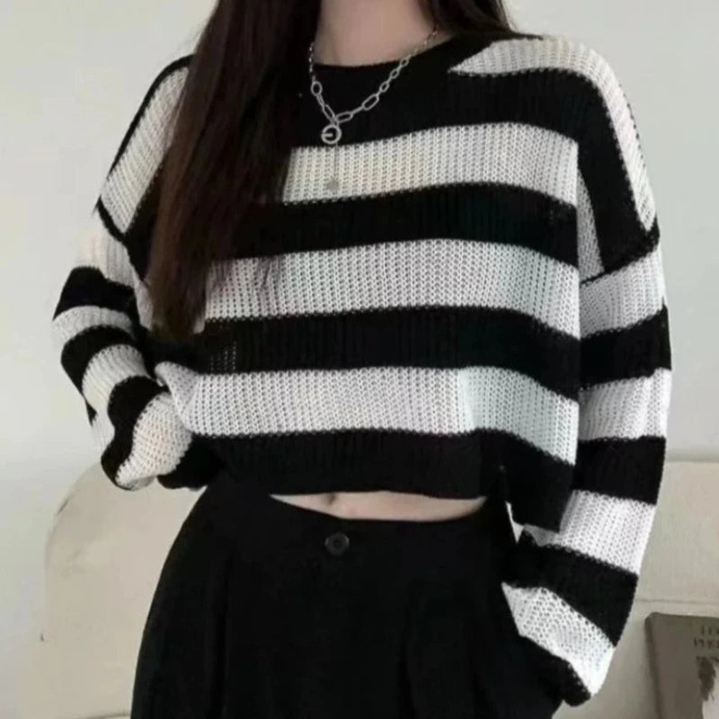 Streetwear Vibes: Oversized Cropped Striped Knit Sweater For Her