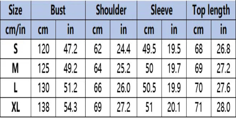 Size chart for clothing with measurements in centimeters and inches.