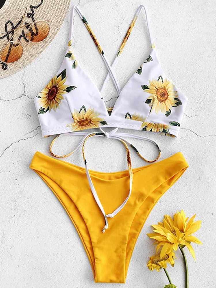 Printed Bikini Set: Push-Up Cups & Bandage Bottoms