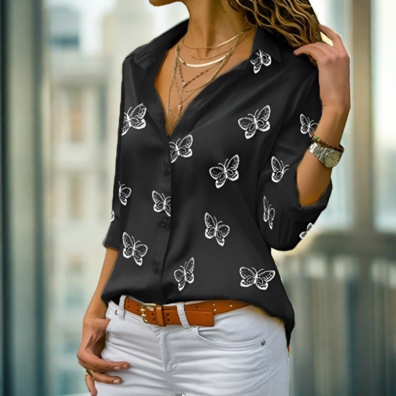 Butterfly Print, Loose, Long Sleeve Women's Shirt