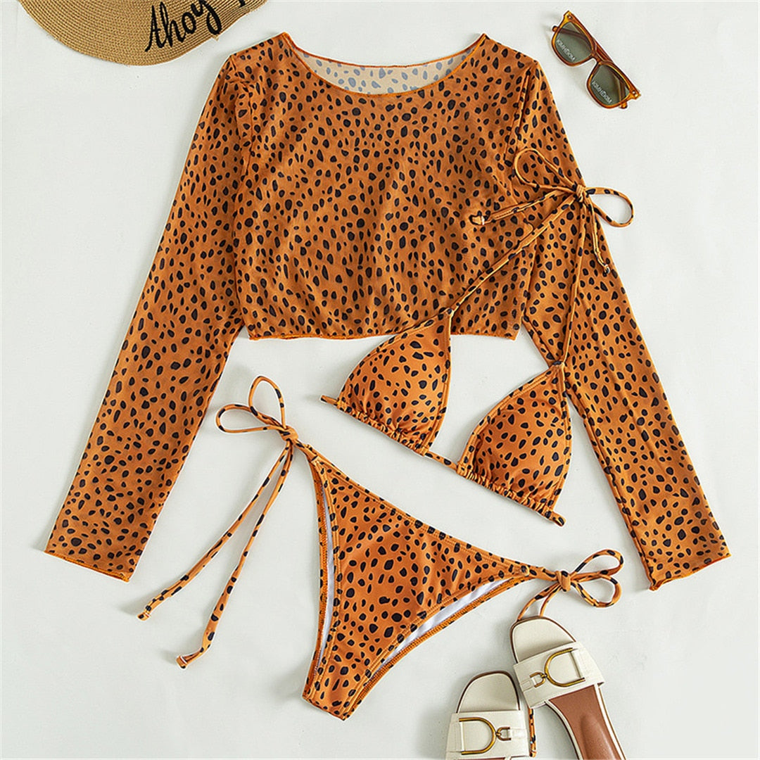 Mix & Match Marvel: Leopard Halter Brazilian Bikini + Long Sleeve Sun Top (3-Piece Set)