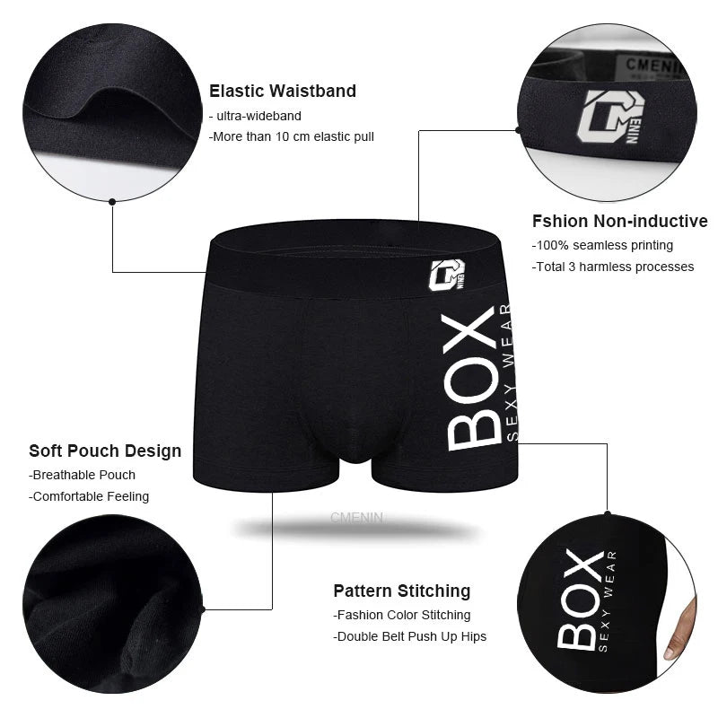 Black boxer briefs with features highlighted on a white background