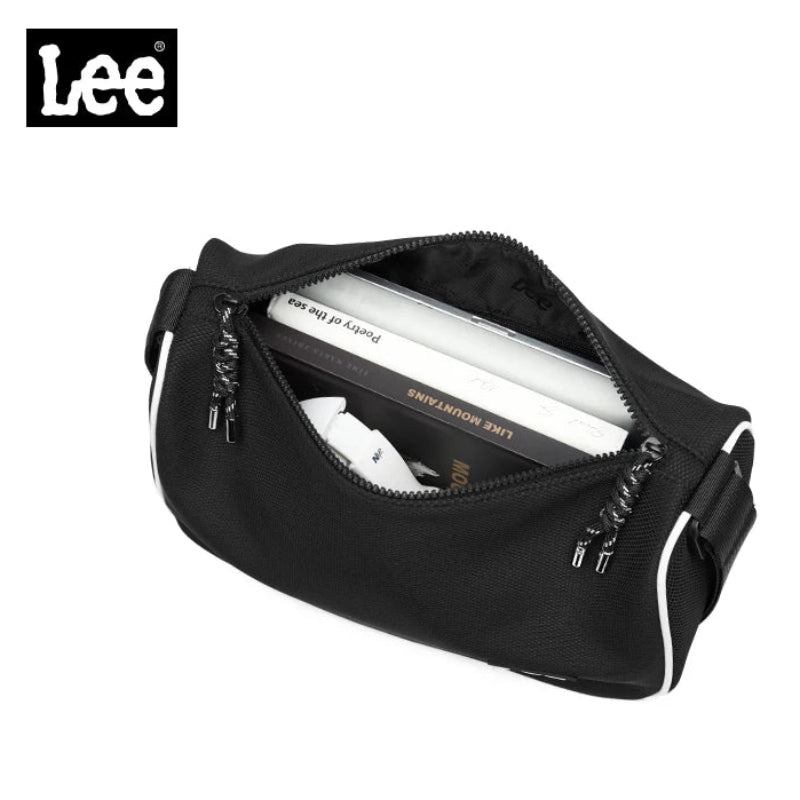 Black waist bag with white interior and 'Lee' branding on a white background
