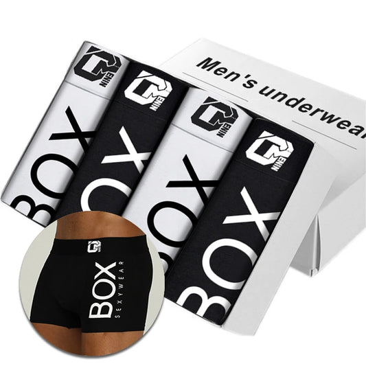 Men's underwear packaging with 'BOX' branding on a white background