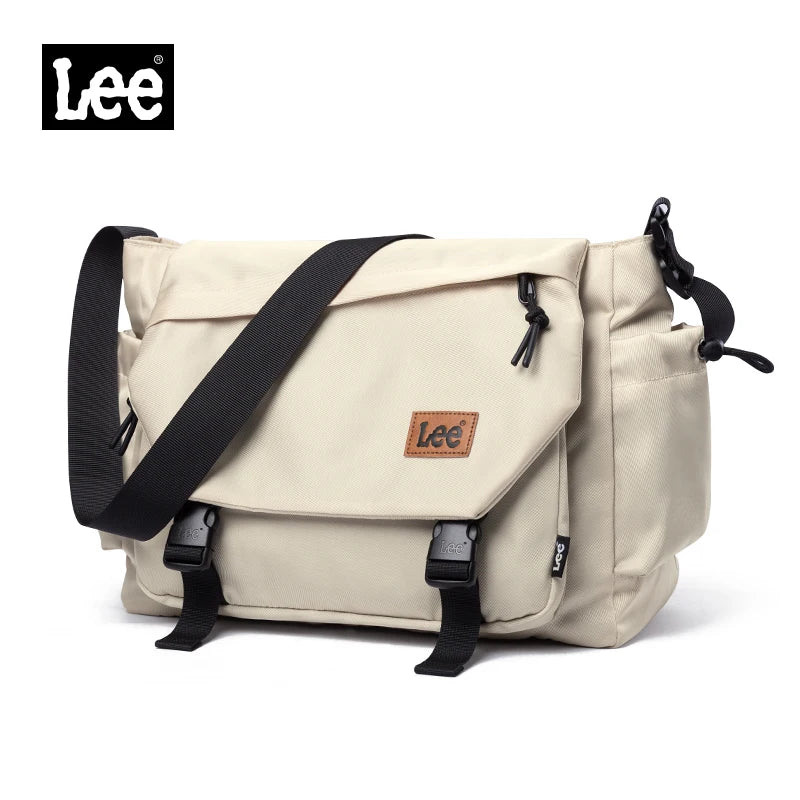 Beige shoulder bag with black straps on a white background, featuring the Lee brand.