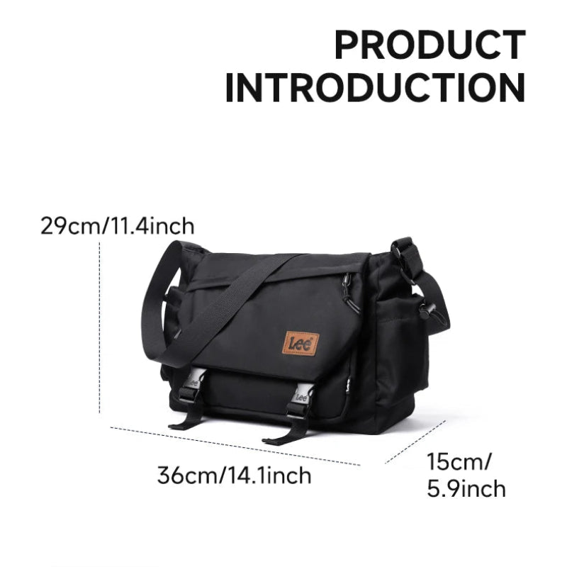 Black bag with measurements and product introduction text on a white background