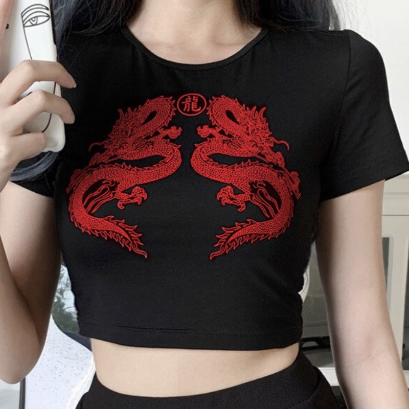 Short Sleeve Dragon Print Women's Crop Top