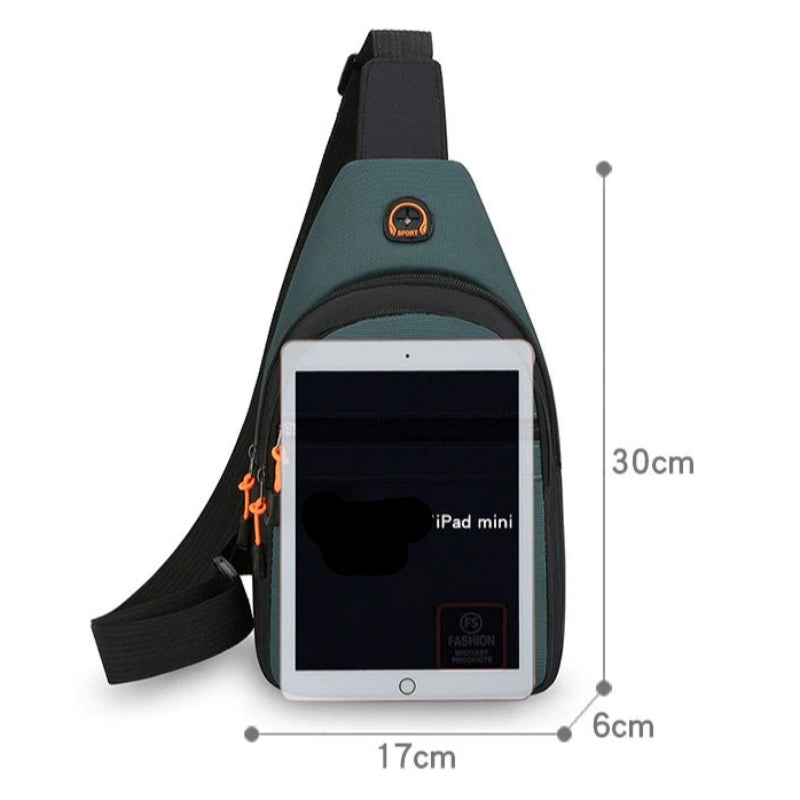 Sling bag with an attached tablet displaying text, with dimensions indicated.