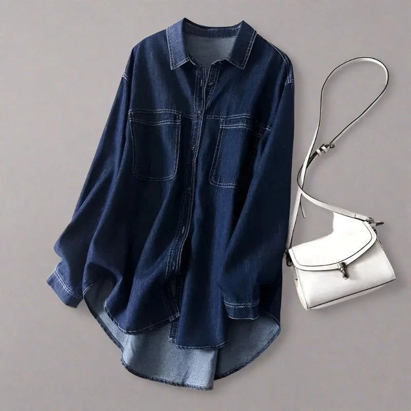 Modern Layering Hero: Women's Long Sleeve Loose Fit Denim Shirt