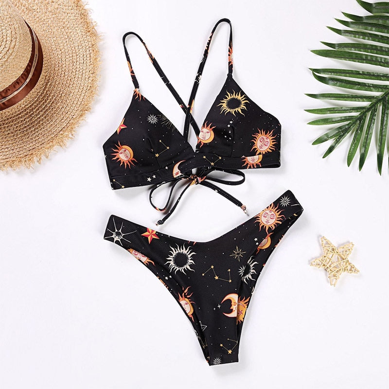 Printed Bikini Set: Push-Up Cups & Bandage Bottoms