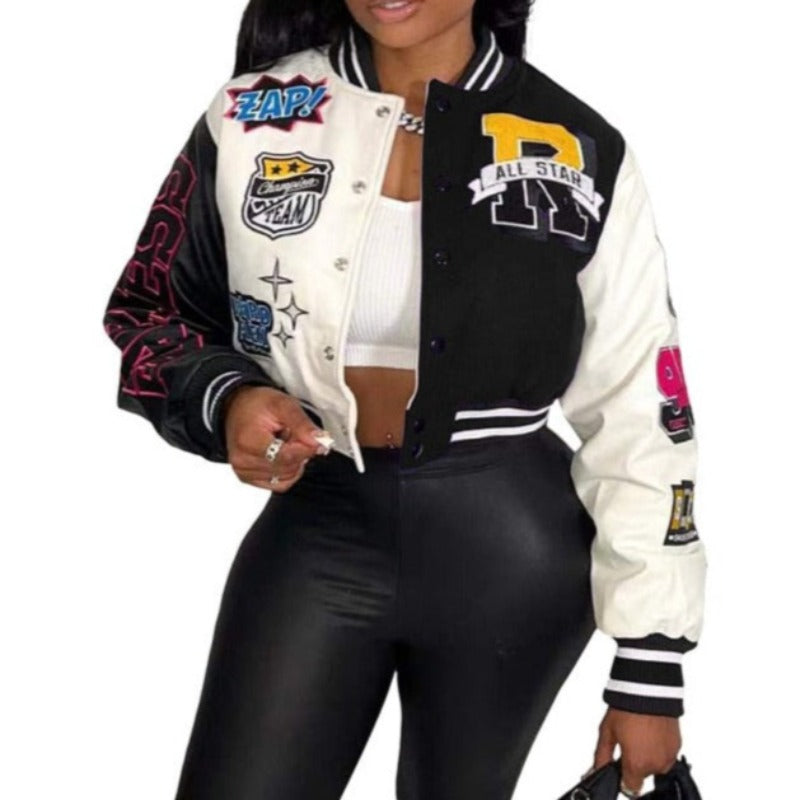 Y2K Baseball Cropped Jacket With Color-Block Splicing