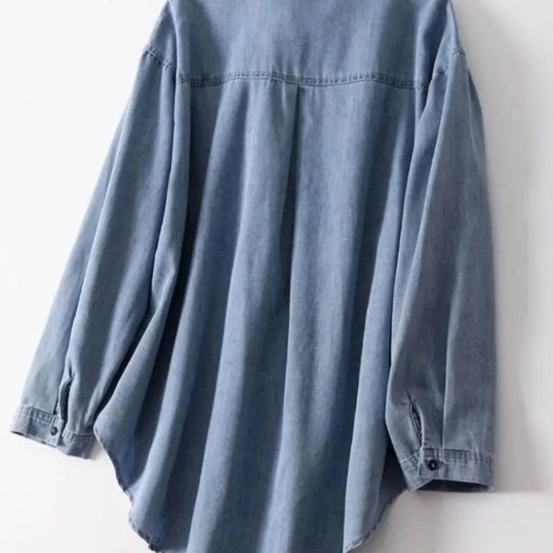 Modern Layering Hero: Women's Long Sleeve Loose Fit Denim Shirt