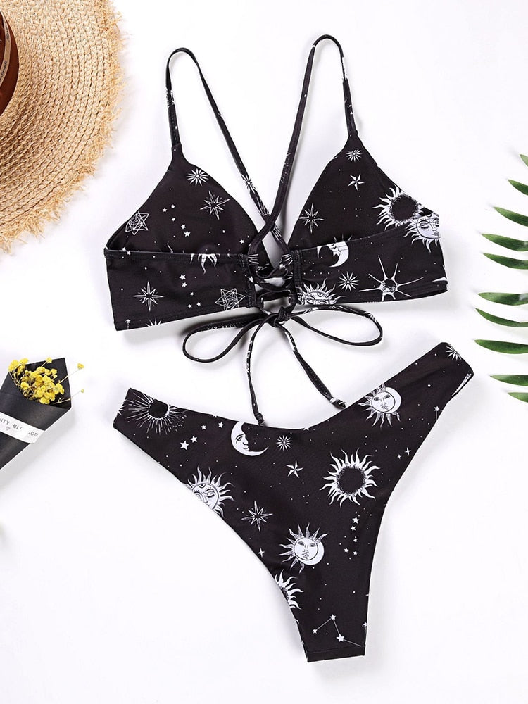 Printed Bikini Set: Push-Up Cups & Bandage Bottoms