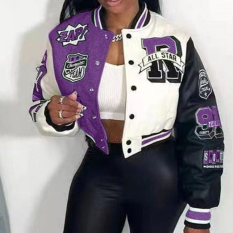 Y2K Baseball Cropped Jacket With Color-Block Splicing