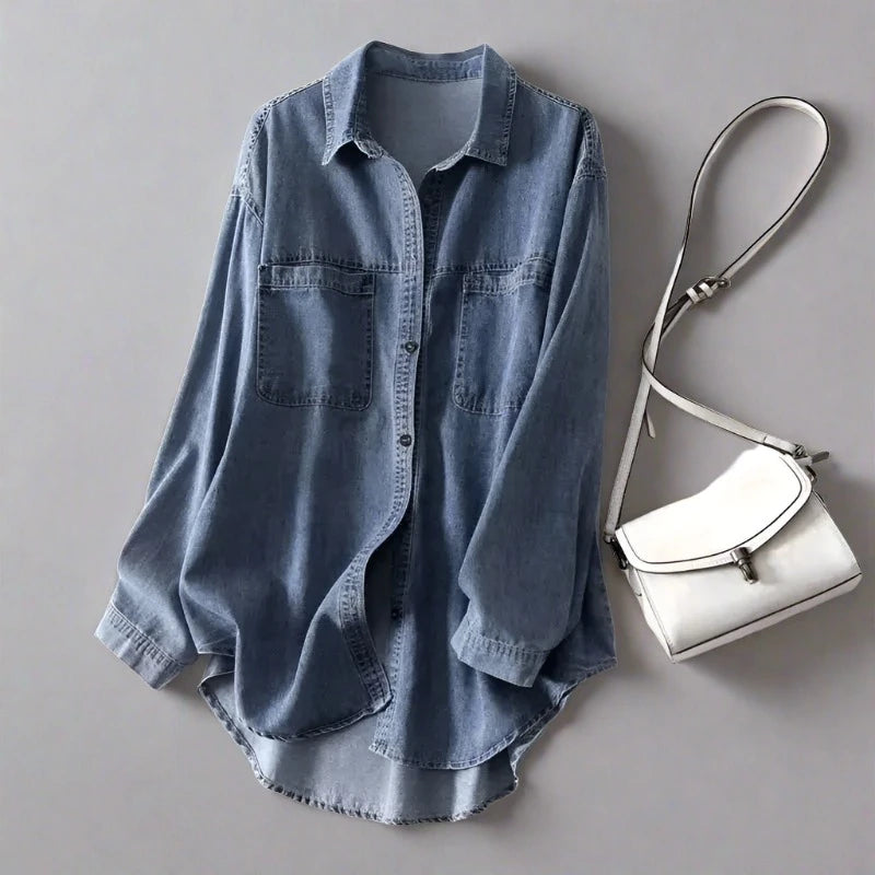 Modern Layering Hero: Women's Long Sleeve Loose Fit Denim Shirt